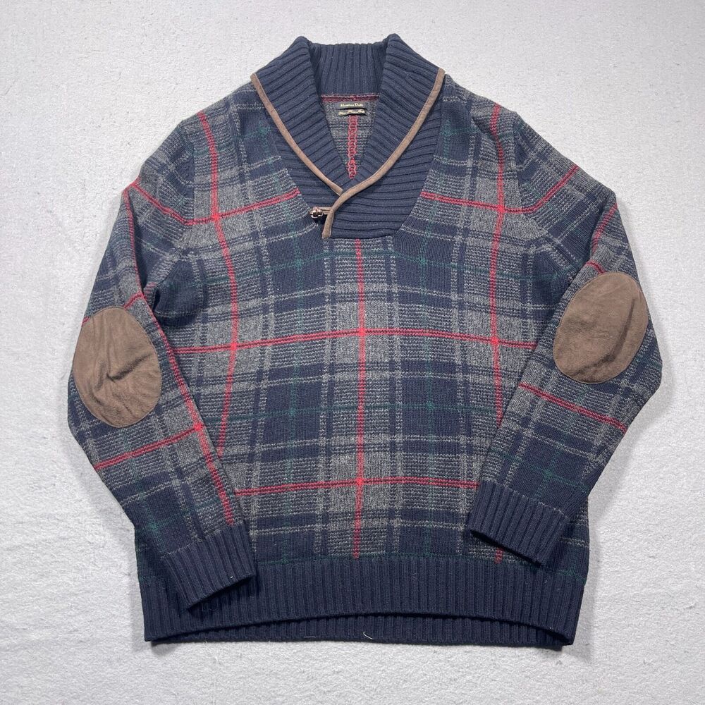 MASSIMO DUTTI Sweater Elbow Pads XL Plaid Wool‎ Cashmere Cowl Neck Blue
